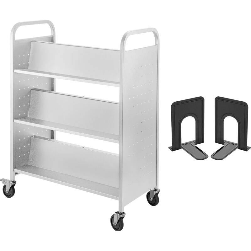 Chariot à livres de 90 kg, 88 x 48 x 124 cm, étagères double face en forme de w, roues verrouillables de 10 cm, blanc, pour la maison, le bureau,