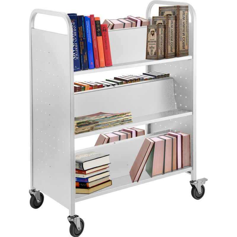 Vevor Chariot a livres, 90 kg, chariot de bibliotheque a etageres inclinees double face forme w, 1250x900x480 mm, roues verrouillables, rangement et