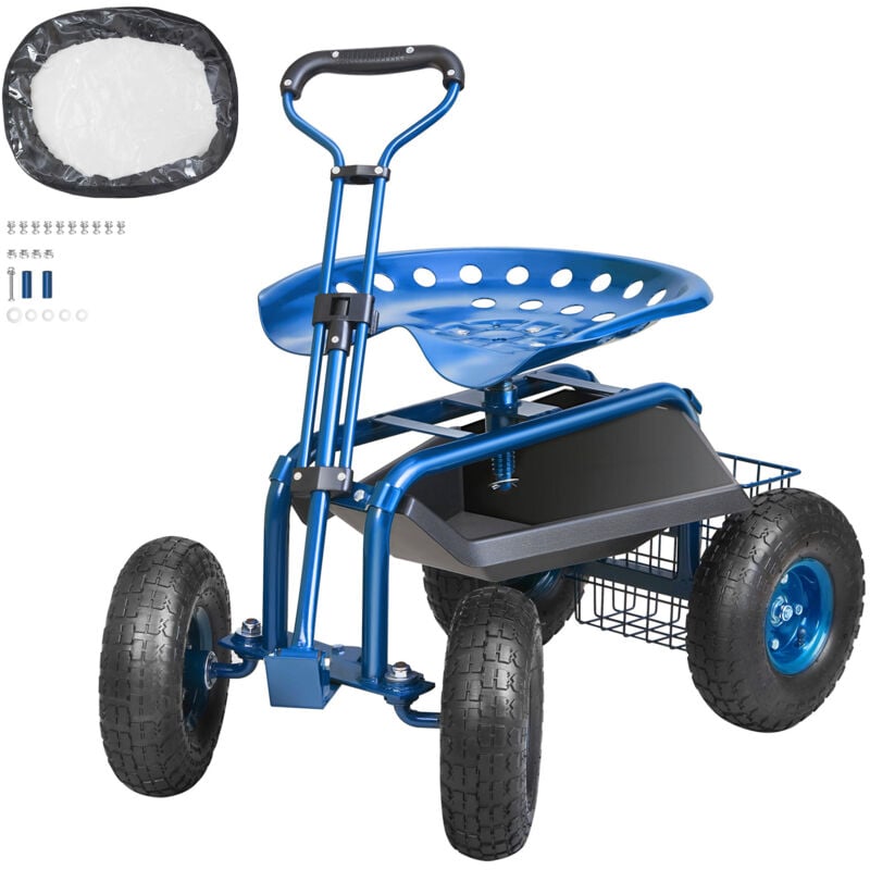 Chariot de jardin à roulettes avec roulettes, tabouret de jardinage pivotant à 360°, plateau à outils utilitaire, poignée de direction pour