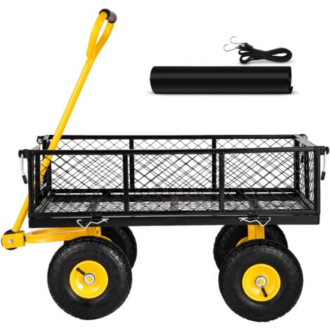 Mophorn Chariot de jardin en acier robuste , capacite de 900 lb, cotes en maille amovibles, chariot utilitaire a plateau, poignee rotative a 180 °, pneus de 10 po, ideal pour le jardin, la ferme, la c