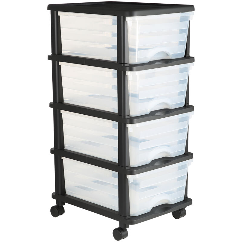 Mophorn Chariot de rangement à 4 tiroirs en plastique, tour mobile à roulettes, organiseur pratique à 4 niveaux avec bacs transparents pour ateliers