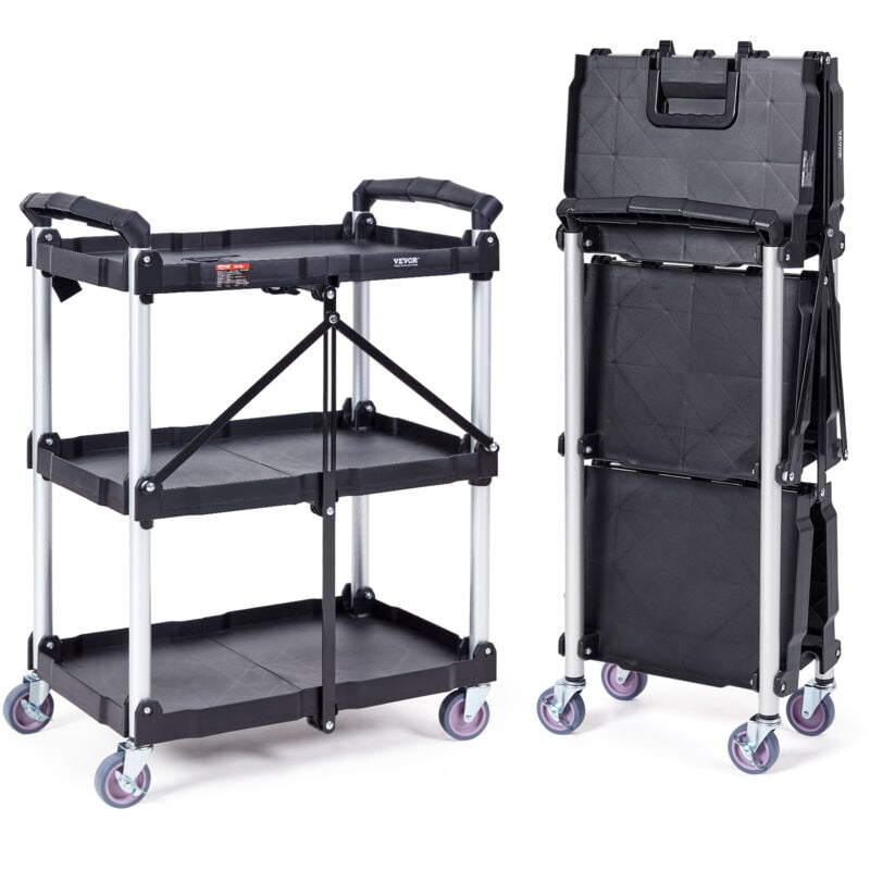 Vevor Chariot de Service 65x39x83 cm Chariot de Transport Utilitaire Pliable 3 Etageres Capacite Totale 74,8 kg 25 kg/Etagere Roues Pivotantes (2