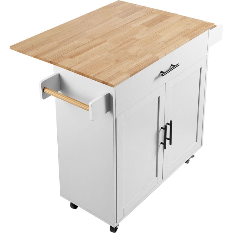 Mophorn Chariot pour îlot de cuisine de 35,4 po de largeur avec plateau en bois massif, table de rangement mobile avec armoire, support à épices,