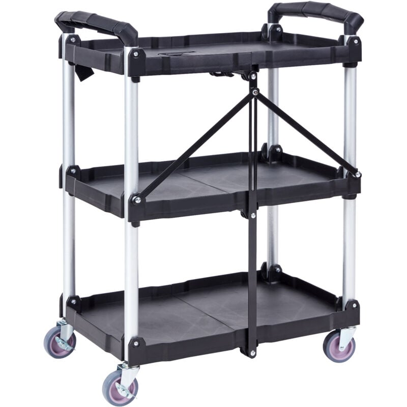 Chariot utilitaire pliable à 3 étagères, chariot à roulettes en plastique robuste de 165 lb avec roues verrouillables, poignée ergonomique pour