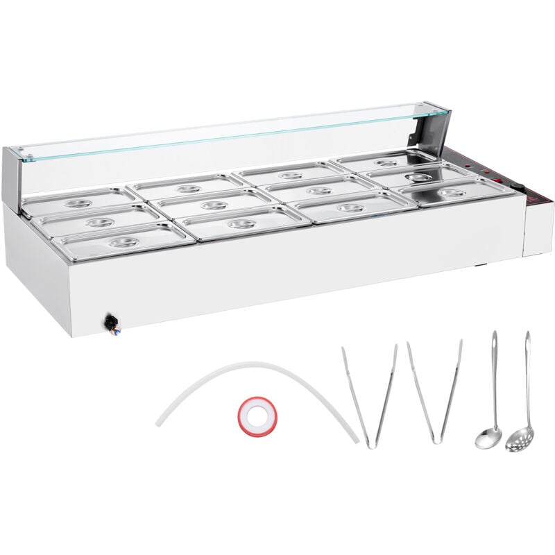 Mophorn - chauffe-plats commercial à 12 plaques, table à vapeur électrique 12 x 5QT avec couvercle en verre, buffet de comptoir en acier inoxydable 1