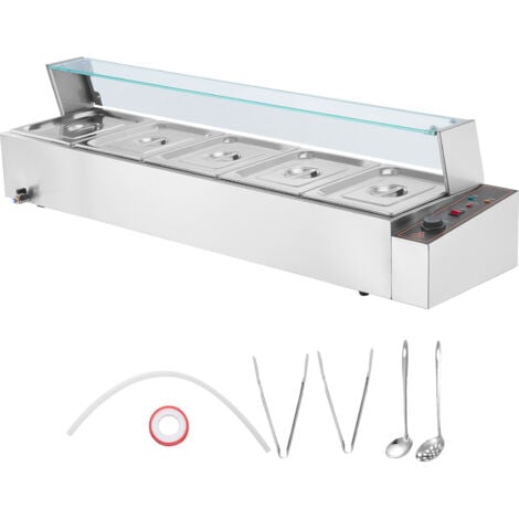 Mophorn Chauffe-plats commercial à 5 poêles, 1700 W, buffet en acier inoxydable, bain-marie, 5 x 8 QT, table à vapeur électrique argentée avec couvercle en verre