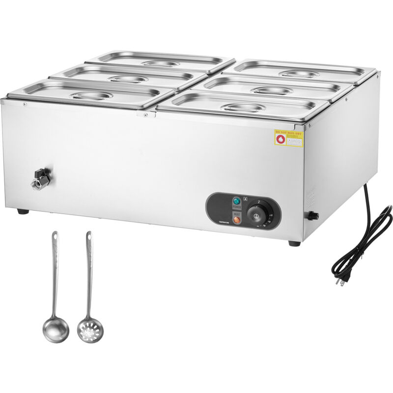 Chauffe-Plats Commercial à 6 Plaques, Table à Vapeur Électrique 6 x 5 qt, 1500 w, Buffet Bain-Marie Professionnel en Acier Inoxydable avec Contrôle
