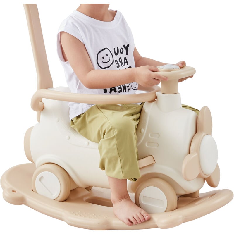 Cheval à bascule 5 en 1 pour tout-petits de 1 à 3 ans, avec trampoline, planche d'équilibre amovible, poignée de poussée, 4 roues lisses, support de