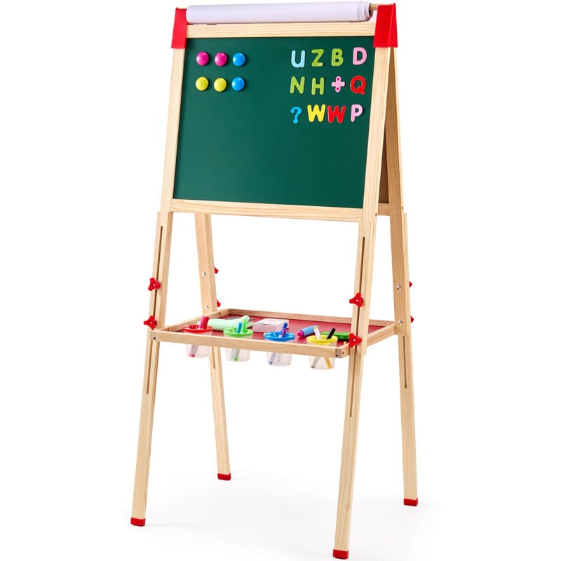 Chevalet d'art 3 en 1 pour enfants, tableau blanc magnétique double face en bois, tableau noir et rouleau de papier, planche à dessin debout