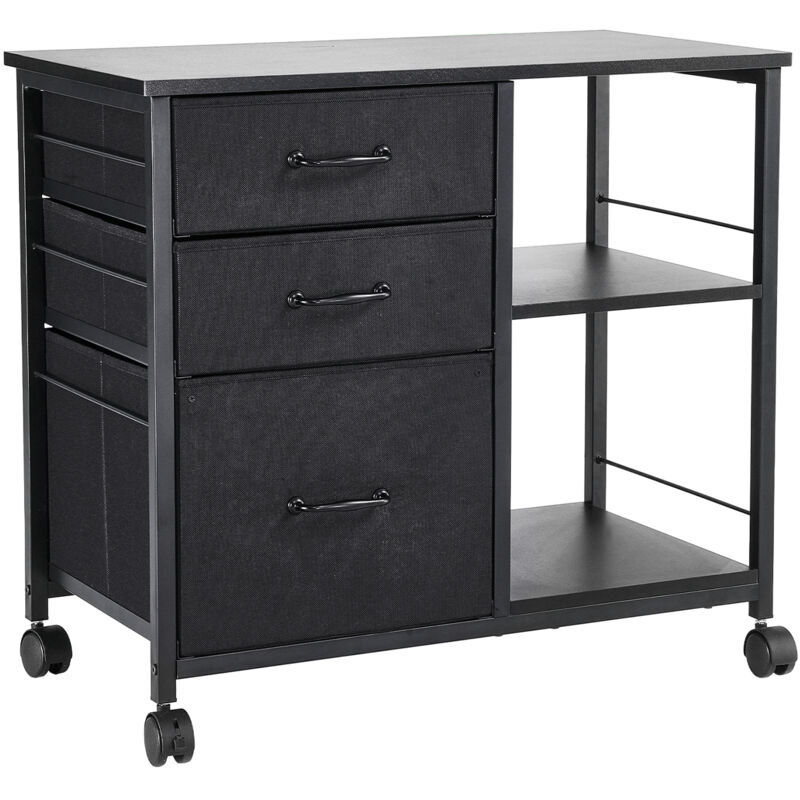 Mophorn Classeur métallique, classeur mobile avec 3 tiroirs en tissu et 2 étagères ouvertes, meuble de rangement vertical en bois à roulettes pour