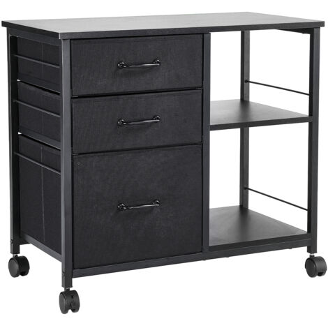 Mophorn Classeur métallique, classeur mobile avec 3 tiroirs en tissu et 2 étagères ouvertes, meuble de rangement vertical en bois à roulettes pour dossiers format lettre, A4 et légal, facile à monter