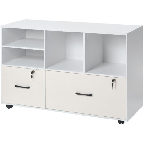 Mophorn Classeur mobile en bois à 2 tiroirs avec étagères ouvertes réglables, verrouillable, idéal pour imprimantes et rangement au bureau, maison ou école, blanc