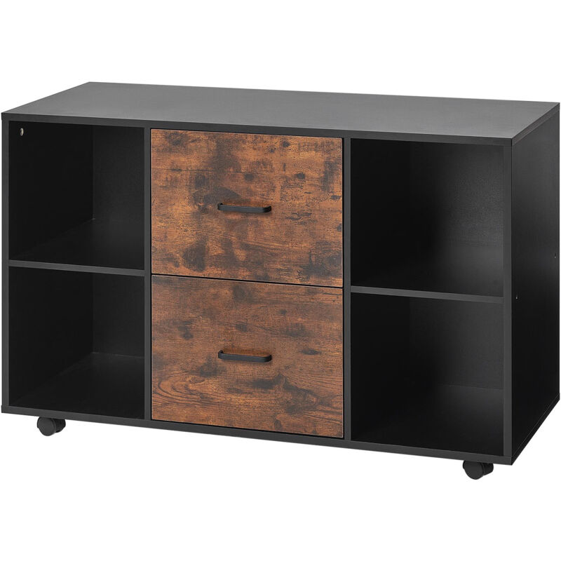 Mophorn Classeur mobile en bois avec 2 tiroirs, étagères ouvertes et roulettes verrouillables, meuble de rangement polyvalent pour imprimante,
