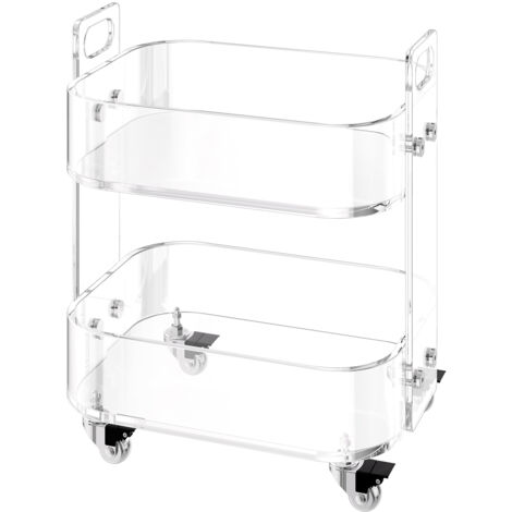 Mophorn Clear Acrylic Rolling Table with Wheels, 2-Tier Mobile Cart, Modern Transparent Storage Desk, Versatile Side Table for Living Room, Bedroom, Bar, or Office, 30.5 x 41.6 x 48 cm