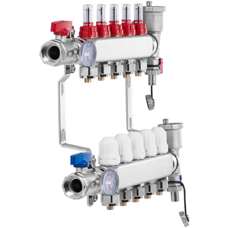 Mophorn Collecteur de chauffage radiant à 5 branches, collecteur de tubes PEX 1/2", collecteur PEX en acier inoxydable pour chauffage par le sol radiant hydronique, kit de collecteur PEX de chauffage