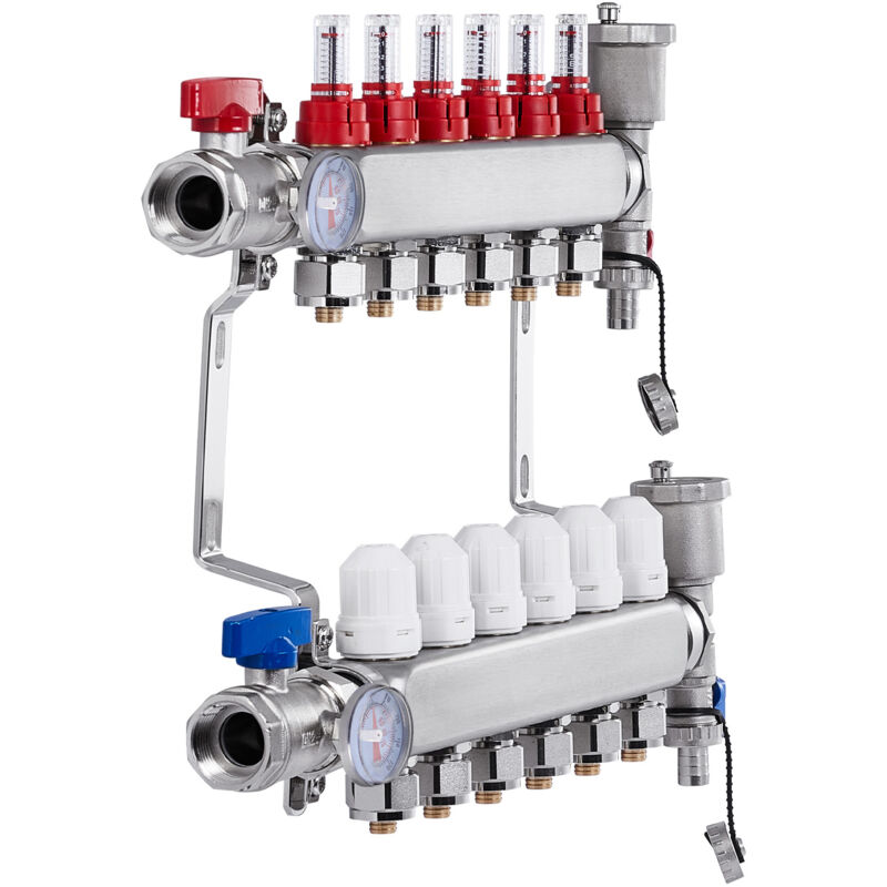 Mophorn Collecteur de chauffage radiant à 6 branches, collecteur de tubes PEX 1/2", collecteur PEX en acier inoxydable pour chauffage par le sol