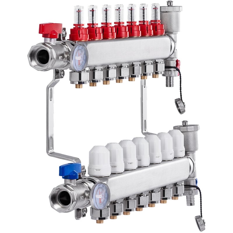 Mophorn Collecteur de chauffage radiant à 7 branches , tube PEX 1/2 po, acier inoxydable pour chauffage par le sol, kit avec adaptateurs 1/2 po inclus