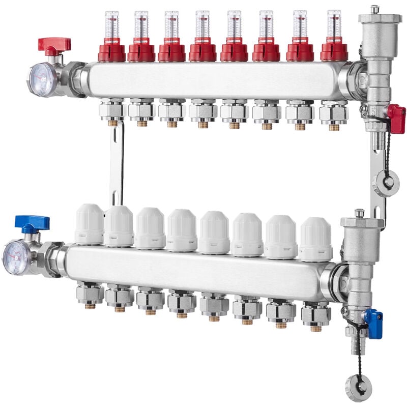 Mophorn - Collecteur de chauffage radiant à 8 branches, collecteur pex en acier inoxydable pour chauffage par le sol hydronique, adaptateurs 1/2'