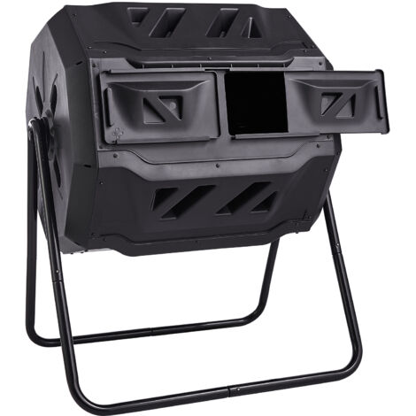 Mophorn Compostador giratorio de doble cámara de 43 galones con 2 puertas corredizas, marco de acero, sin BPA, para jardín, cocina, patio y exterior