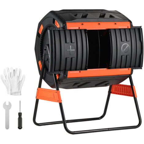 Mophorn Compostiera da giardino rotante a doppia camera da 200 L per esterni con porte scorrevoli e sistema di aerazione, ideale per rifiuti organici da cucina e cortile.