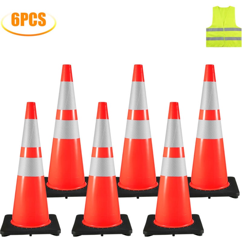 Vevor Cone Signalisation Reflechissant 6 Pieces 92 cm, Plot de Chantier avec Base Lestee Noire, Cone de Securite en pvc Orange, pour Delimitation