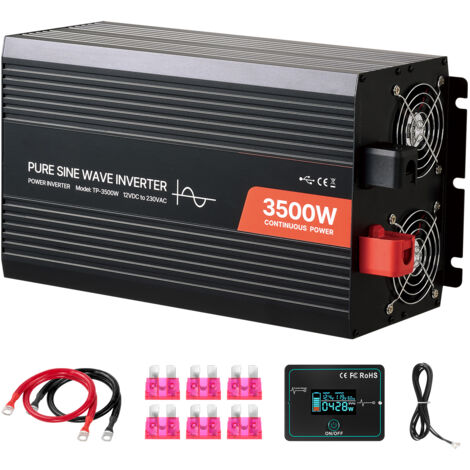 Mophorn Convertisseur de courant continu 12 V en courant alternatif 230 V, onduleur sinusoïdal 3500 W avec écran LCD, télécommande filaire, ports USB et Type-C, 2 prises CA
