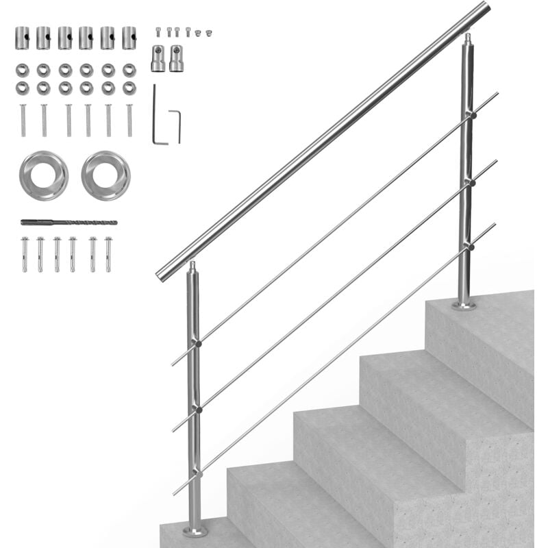 Mophorn - Corrimano per gradini esterni, 59in, 3 traverse Kit di binario a mano. Design a due colonne per anziani, ringhiere transitorie in acciaio