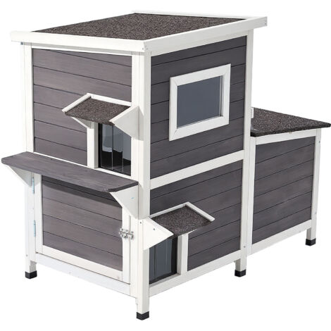 Mophorn Cuccia per Gatti da Esterno, Rifugio Rialzato in Legno a 2 Piani per 3 Gatti, con Scale, Finestra Trasparente e Porte a Battente, Struttura Impermeabile da Giardino 1070 × 633 × 863 mm