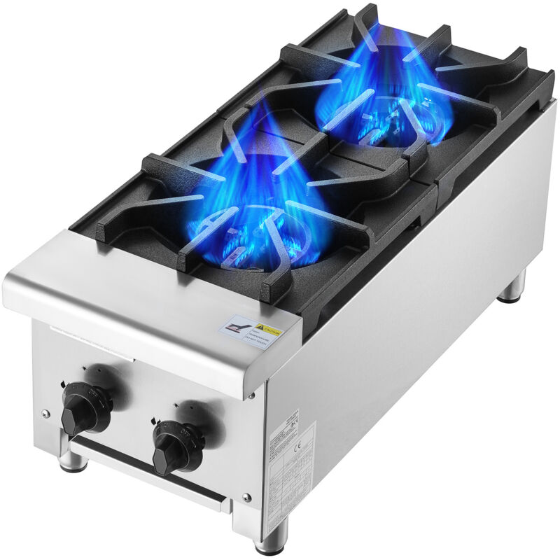 Mophorn Cuisinière à gaz commerciale 14 KW avec 2 brûleurs, propane et gaz naturel, plaque chauffante de comptoir en acier inoxydable pour équipement