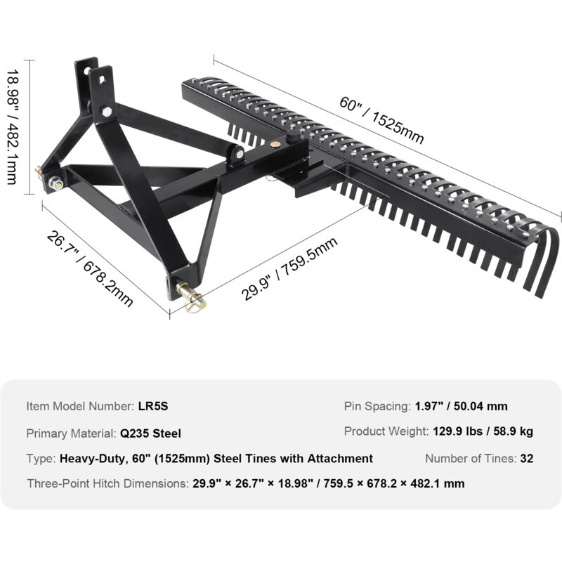 Mophorn - Déchaumeur tracté de 60 po, 32 dents en acier, râteau à gazon à 3 points pour tracteur, outil de jardinage et de ferme, râteau de paysage