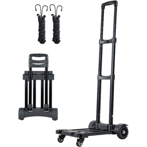 Mophorn Diable pliant à 4 roues, chariot à bagages compact, capacité de charge 131,5 kg, avec 2 cordes élastiques et base extensible, idéal pour déménagements, transport à l'aéroport, noire