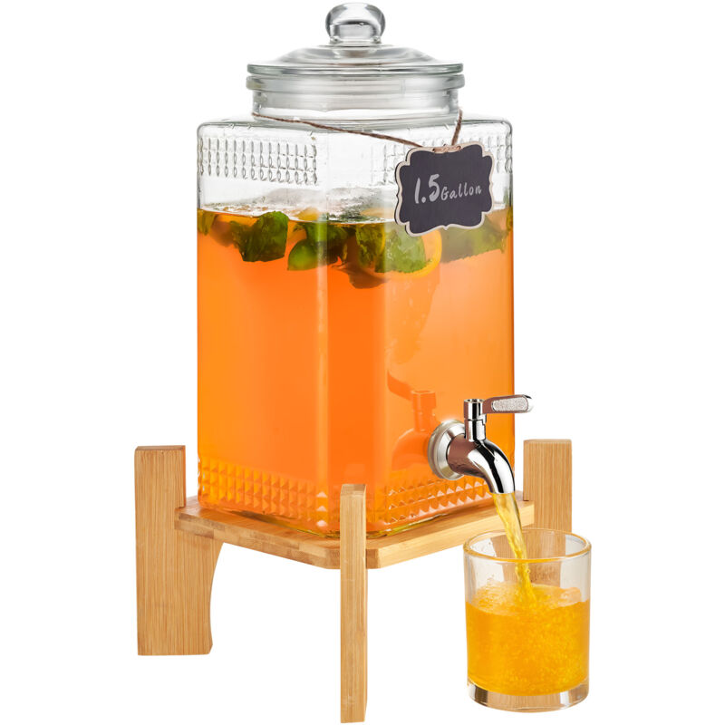 Mophorn - Distributeur de boissons, 1,5 gallon, serveur de boissons, verre, support, robinet en acier inoxydable, jus, thé, eau, restaurants, hôtels
