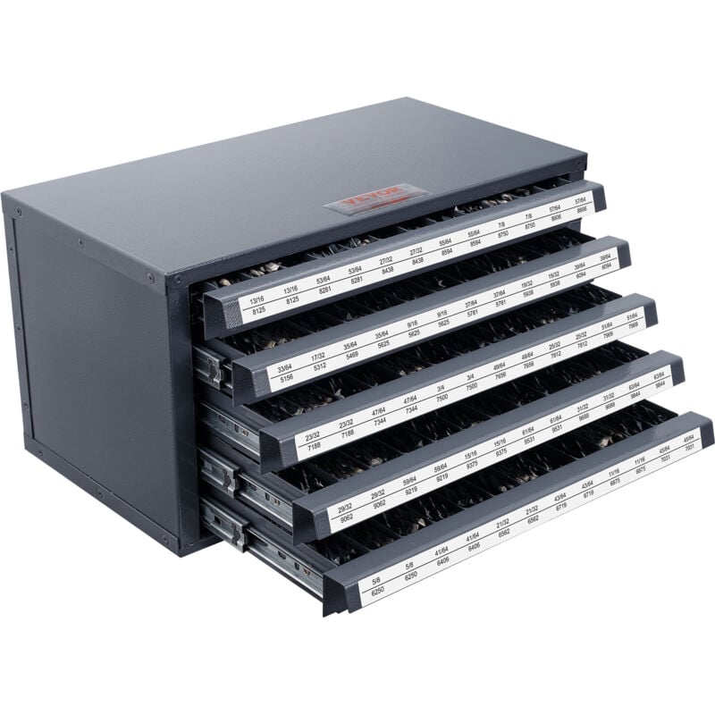 Vevor Distributeur de Forets 60 Compartiments Etiquetes 33/64 a 63/64 po Boite de Rangement pour Forets 5 Tiroirs Coffret Vide 37,5x20x20 cm