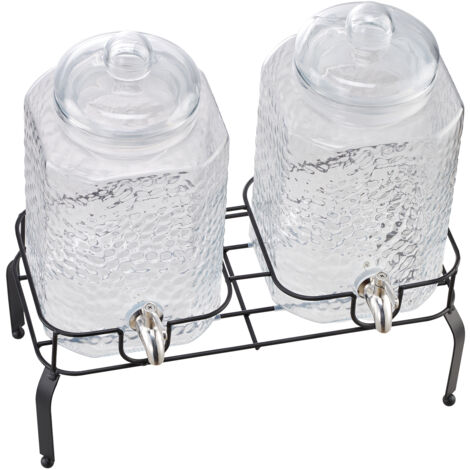Mophorn Distributore di Bevande, Set di 2 Contenitori da 5,5 L in Vetro con Supporto in Metallo, Rubinetto in Acciaio Inox, Infusore Integrato, Ideale per Tè Freddo, Limonata e Eventi