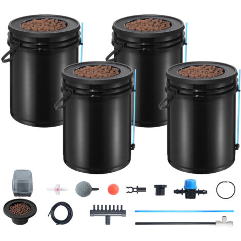 Mophorn DWC Hydroponisches Anbausystem, erweitertes Hydroponik-Setup mit Top-Drip-Kit, 5 Gallonen (4 Eimer), Luftpumpe, Steinen und Wasserstandsanzeige für Blattgemüse