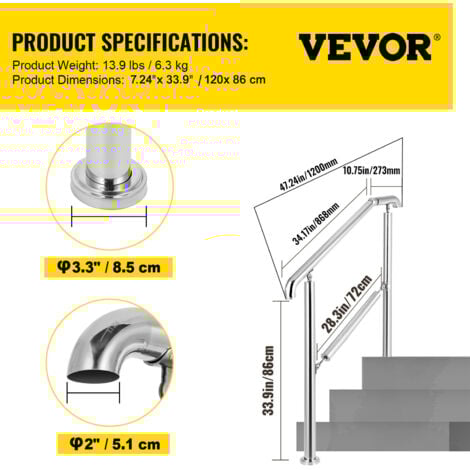 Mophorn Edelstahl Transitional Handlauf für ebene Oberfläche und 1-3 Stufen Verstellbare Treppe Geländer Indoor Outdoor, 220lb Kapazität mit Installations-Kit, Porch DIY