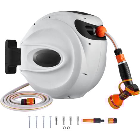 Mophorn Enrouleur de tuyau rétractable , 82 pi x 1/2 po, support pivotant à 180°, montage mural, tuyau d'arrosage avec buse à 9 modes et 3 adaptateurs rapides, rembobinage automatique