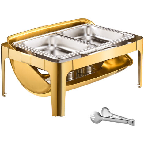 Mophorn Ensemble buffet de plats à réchaud à couvercle rabattable, chauffe-plats en acier inoxydable 9 pintes avec casserole pleine grandeur, service traiteur rectangulaire avec couvercle, doré