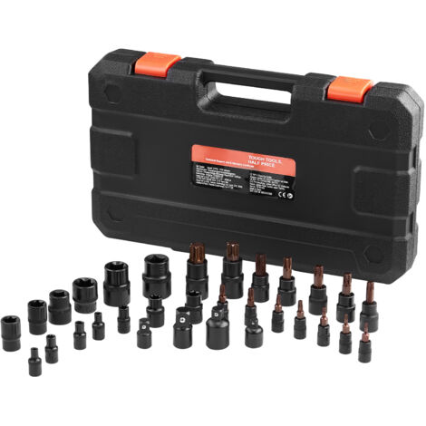 Mophorn Ensemble de douilles Torx et de douilles Torx externes 31 pièces, T8-T70 et E4-E24, alliage S2 et acier Cr-V, entraînements 1/4", 3/8", 1/2"