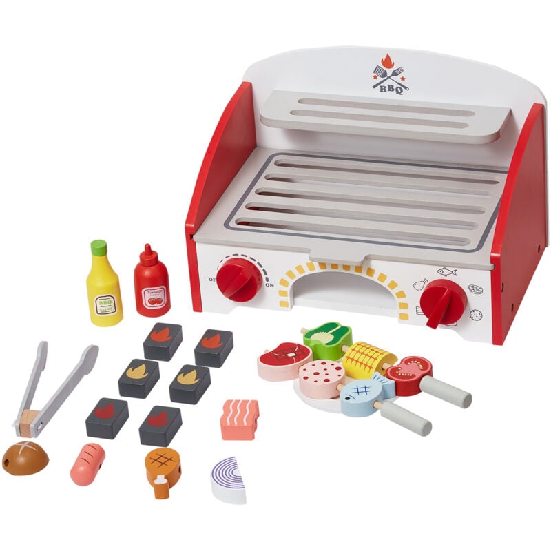 Mophorn - Ensemble de jeu de barbecue pour enfants, ensemble de grill en bois avec feu de carbone réaliste, accessoire de cuisine (26 pièces), jouets