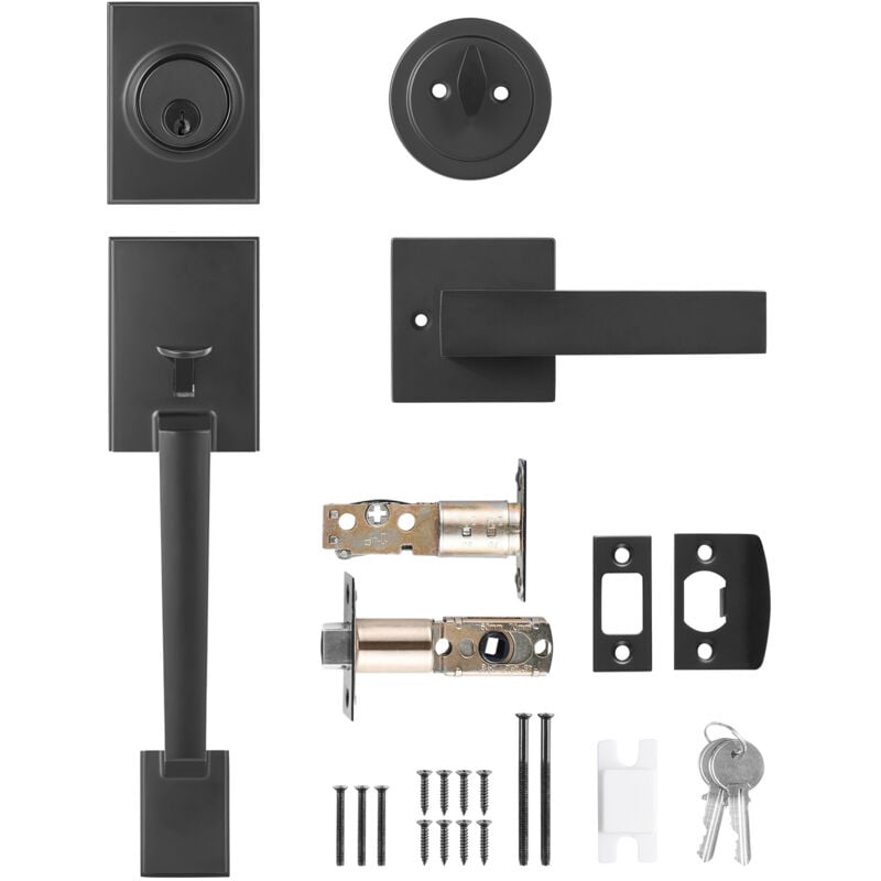 Mophorn - Ensemble de poignée de porte d'entrée et de pêne dormant. Carré noir mat. Avec poignée à levier. Poignée de porte d'entrée à cylindre