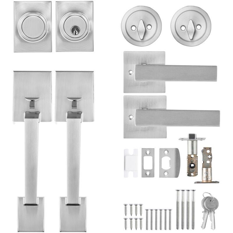 Ensemble de poignées de porte doubles, levier carré en nickel satiné, ensemble de serrure robuste réversible, pour porte d'entrée ou de bureau, avec