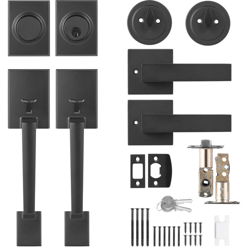 Mophorn - Ensemble de poignées de porte doubles, levier carré noir mat, serrure de porte d'entrée robuste et réversible, avec factice pour bureau ou