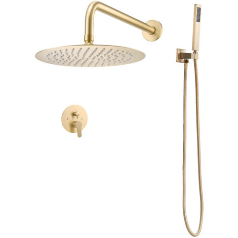 Mophorn Ensemble de robinetterie de douche encastrable, système de douche pluie avec pommeau rond de 25,4 cm, douchette à main et kit de montage mural, finition or brossé pour salle de bain