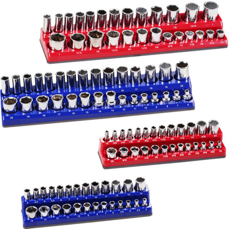 Mophorn Ensemble d'organisateurs de douilles magnétiques, 4 pièces, plateaux de douilles métriques SAE 1/4'' et 3/8'', étiquettes transparentes, peut contenir 108 douilles, bleu et rouge