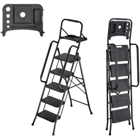 Mophorn Escabeau pliant 5 marches en acier, capacité de charge 272 kg, conçu pour la cuisine, le bureau et les tâches ménagères, avec marches larges antidérapantes, plateau à outils et doubles rampes