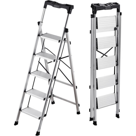 Mophorn Escabeau pliant 5 marches en aluminium,capacité de charge 150kg,idéal pour les travaux domestiques et de bricolage, avec marches larges antidérapantes, plateau porte-outils, finition argentée
