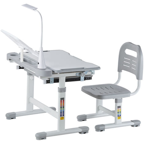Mophorn Escritorio y silla ajustables para niños con lámpara, altura ajustable y escritorio inclinable, ideal para dormitorios y zonas de estudio, color gris.