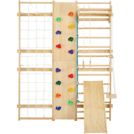 Mophorn Espalier en Bois Massif, Échelle Murale à 17 Niveaux, Capacité de Charge 100 kg, avec Mur d'Escalade, Anneaux, Barre de Traction, Planche d'Escalade, Toboggan et Balançoire