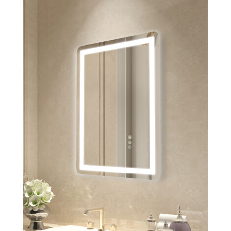 Mophorn Espejo de baño LED - 50 x 70 cm, montaje en pared, iluminación frontal y posterior, antivaho, temperatura regulable en 3 colores para una rutina de maquillaje impecable